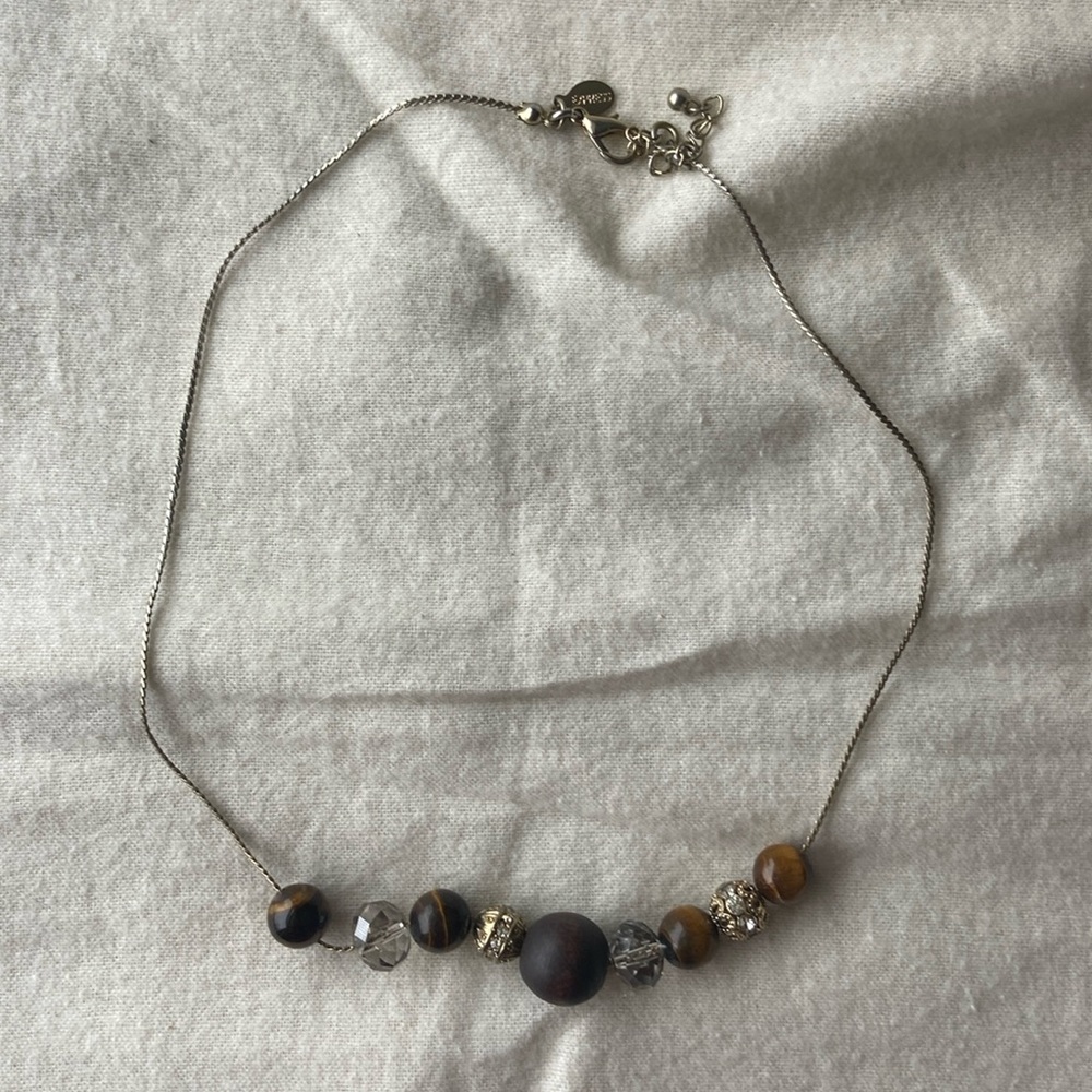 Express gold tone brown bead dainty delicate stationary necklace